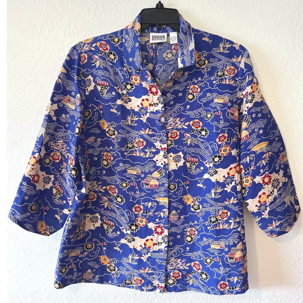 100% Silk Blue Japanese Landscape Floral Chicos Button Down Shirt Size 2